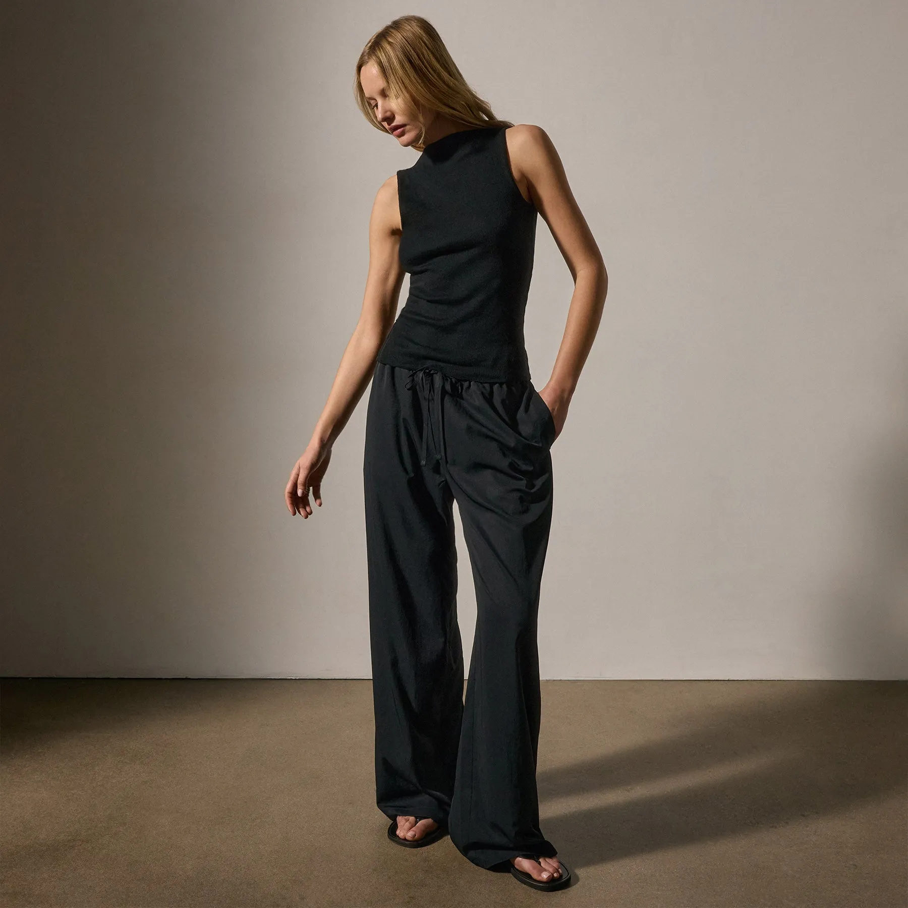 Cotton Cashmere Rib Boat Neck Top - Black