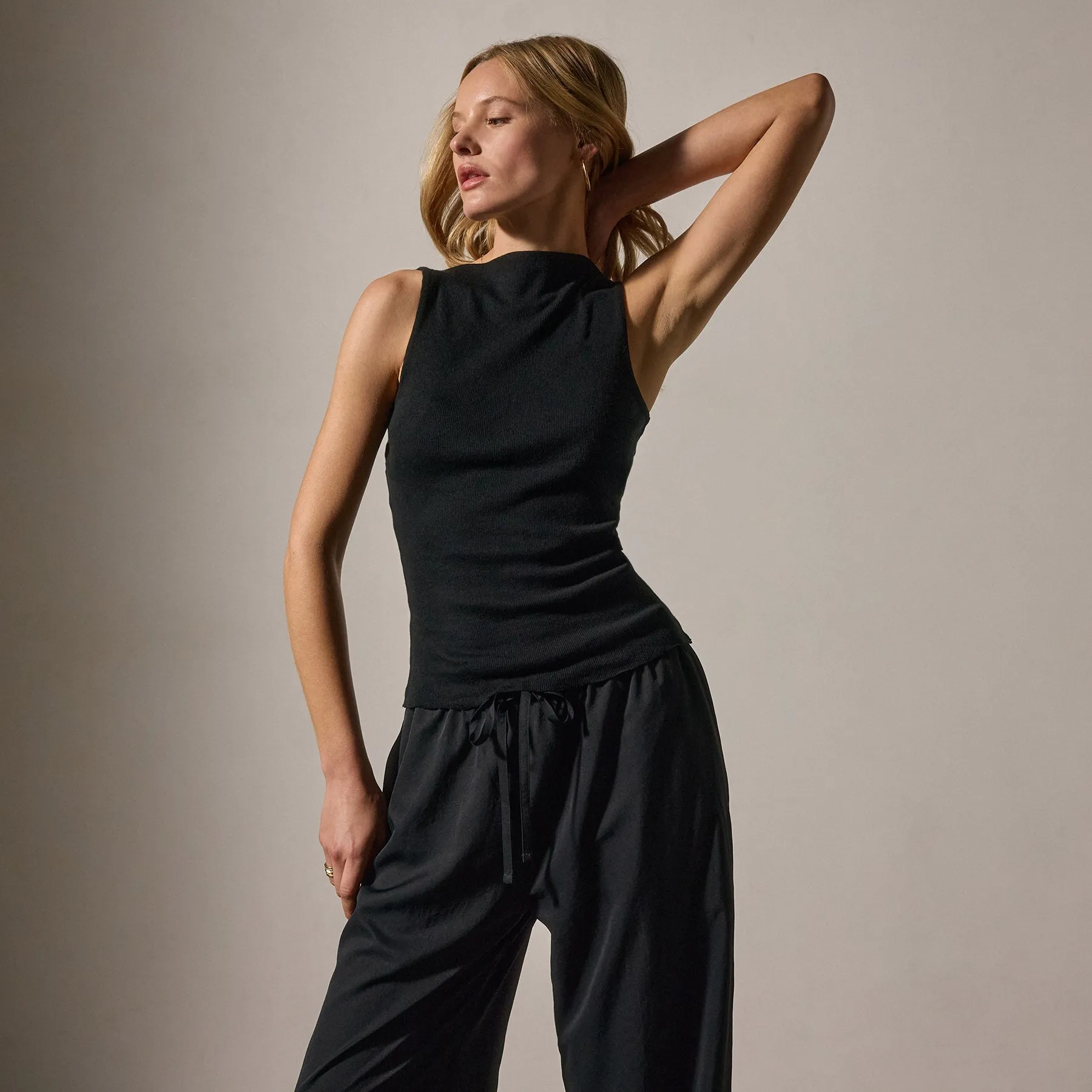 Cotton Cashmere Rib Boat Neck Top - Black