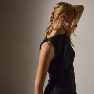 Cotton Cashmere Rib Boat Neck Top - Black