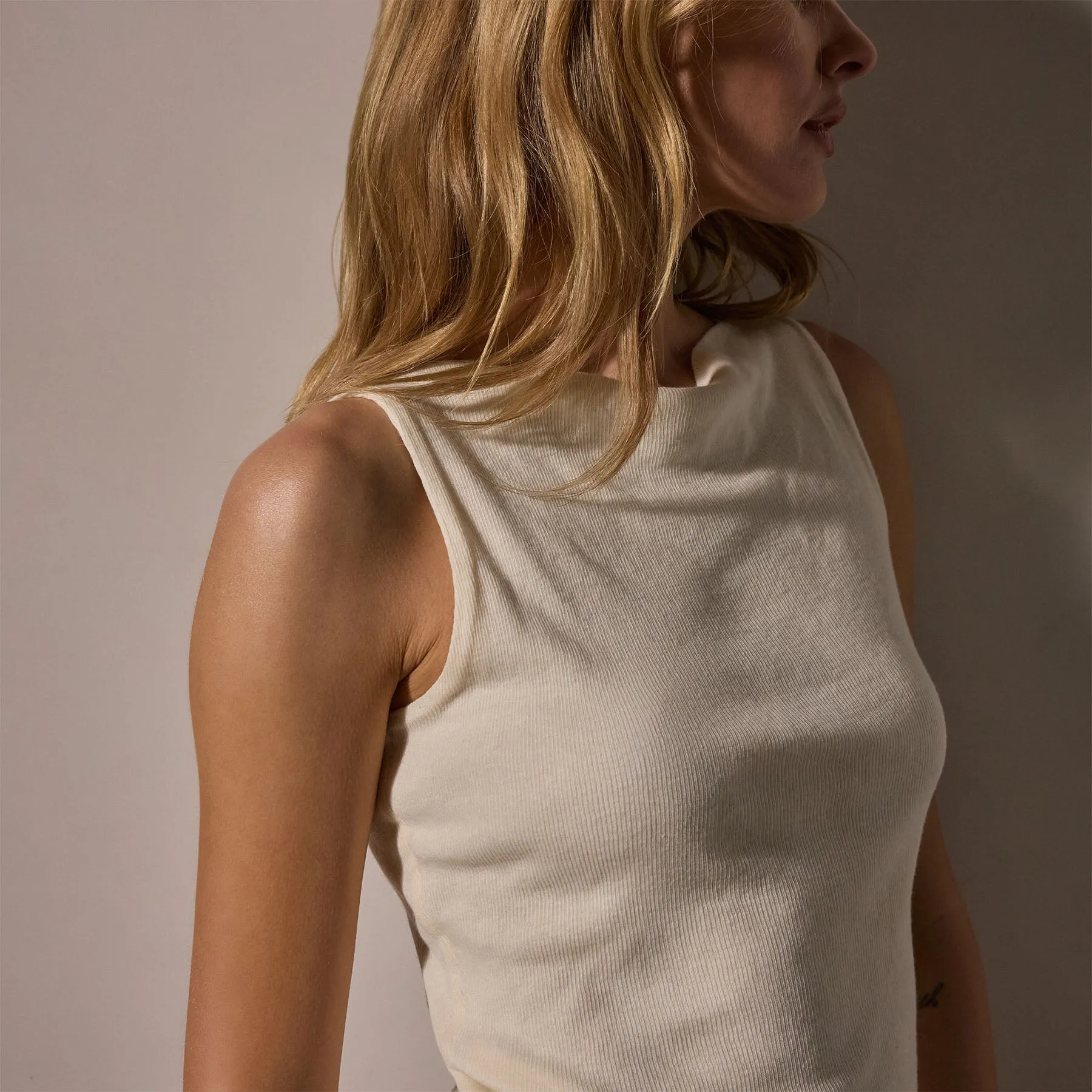 Cotton Cashmere Rib Boat Neck Top - Ivory