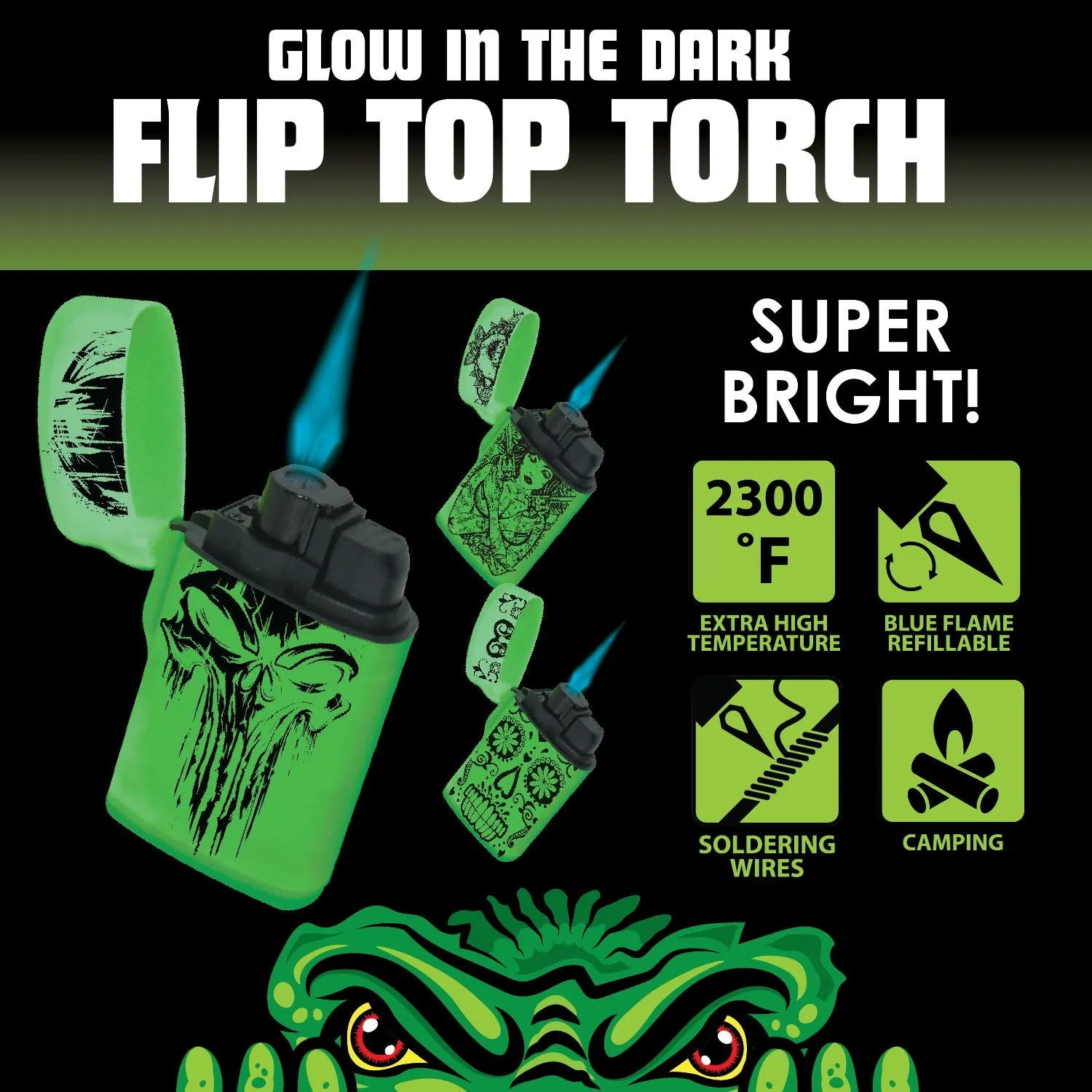 Glow In The Dark Flip Top Torch Lighter - 15 Pieces Per Retail Ready Display 23602