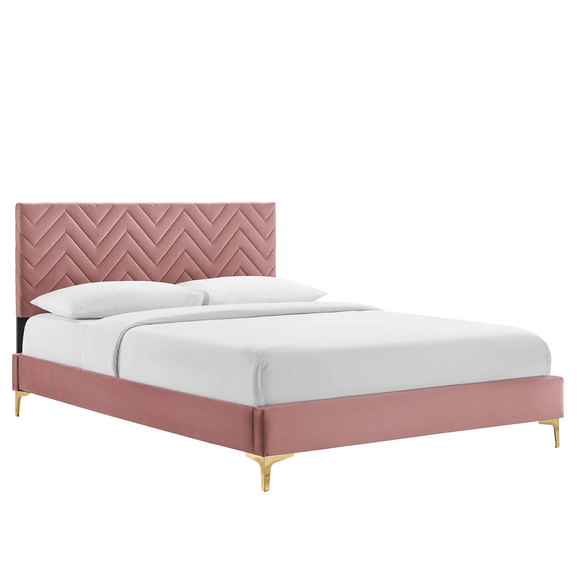 Leah Chevron Tufted Performance Velvet Platform Bed With Gold Metal Legs by Modway