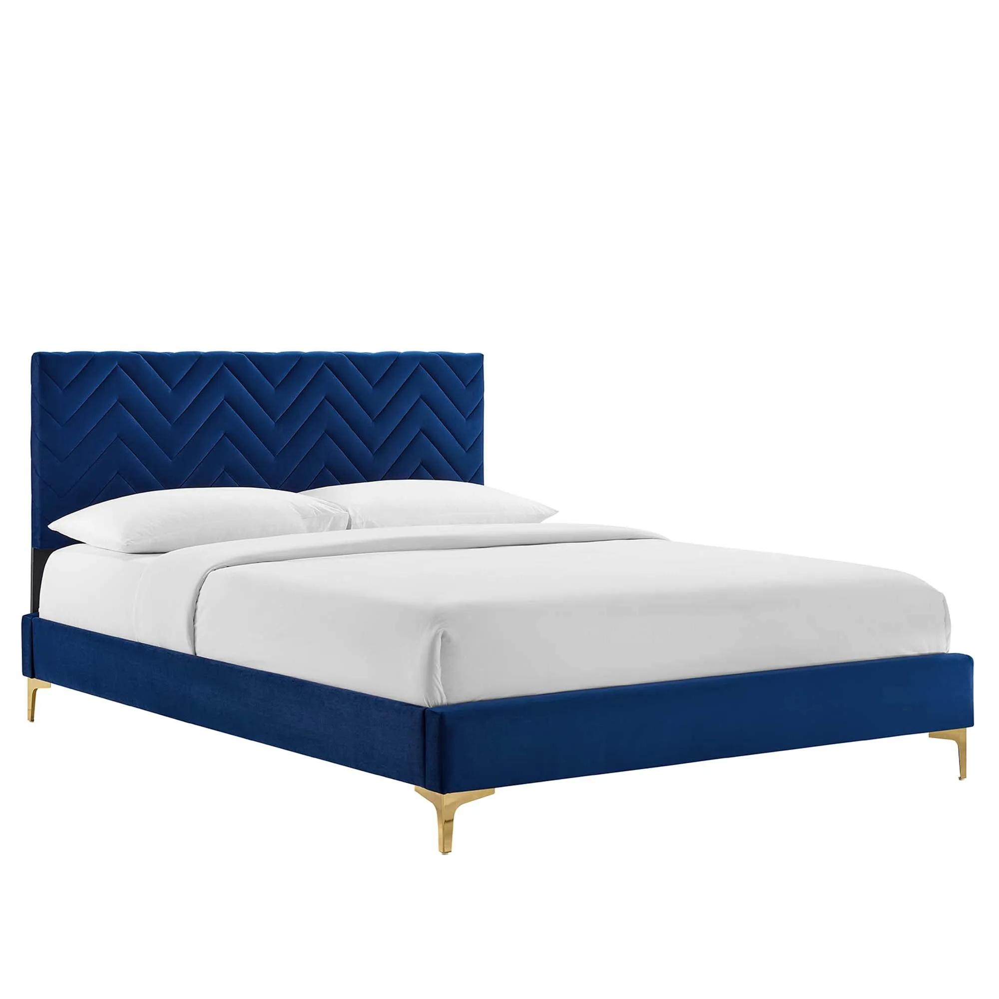 Leah Chevron Tufted Performance Velvet Platform Bed With Gold Metal Legs by Modway