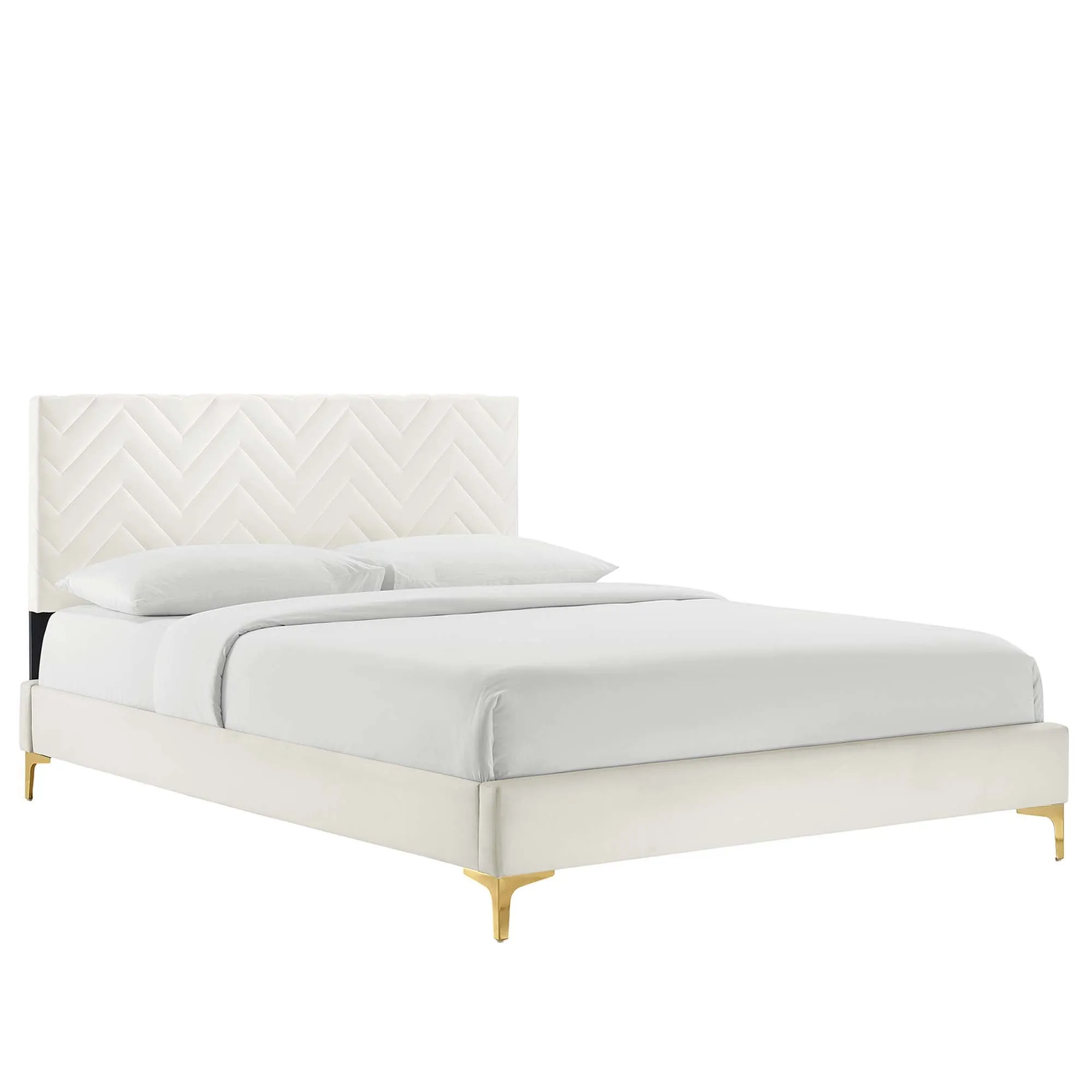Leah Chevron Tufted Performance Velvet Platform Bed With Gold Metal Legs by Modway