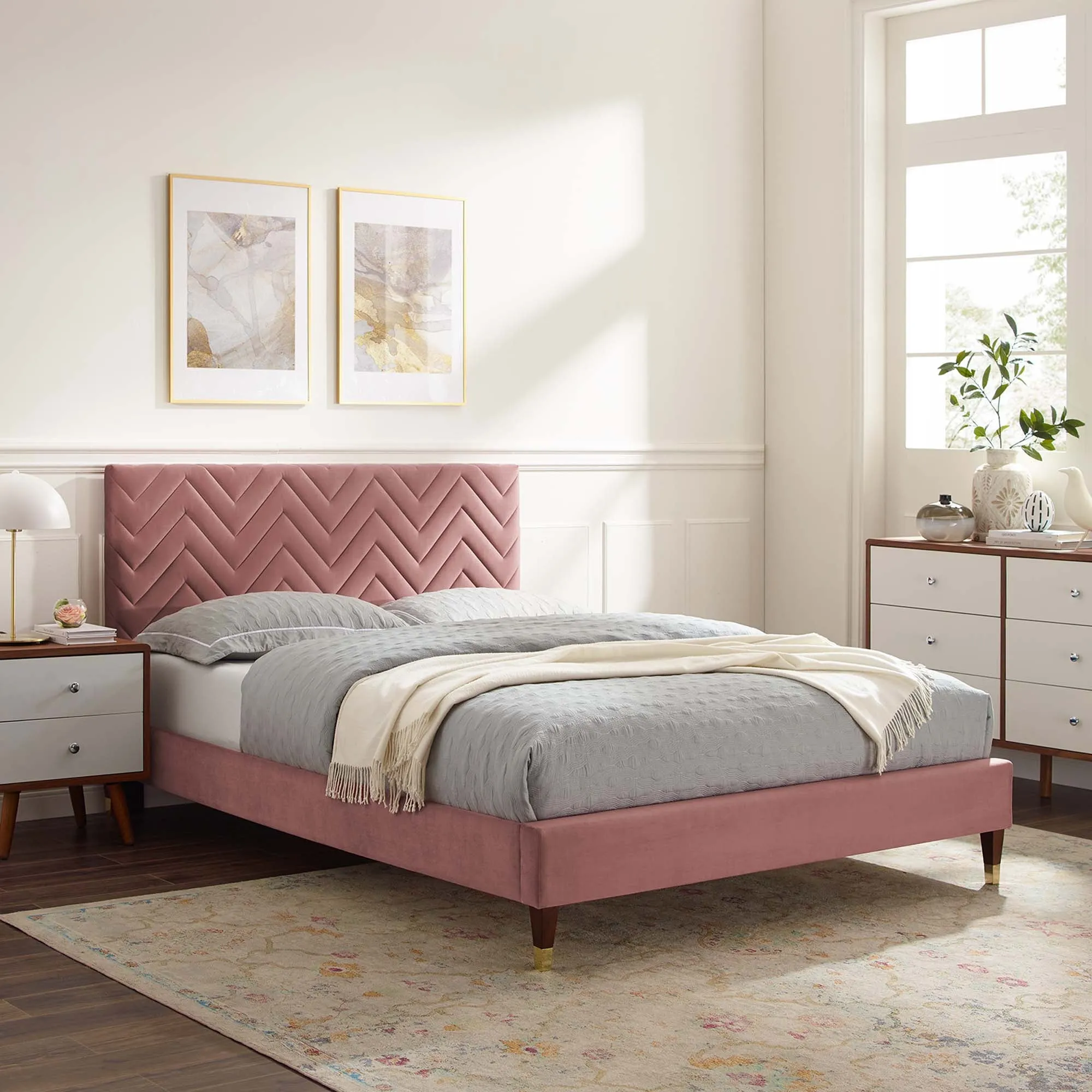 Leah Chevron Tufted Performance Velvet Platform Bed With Wood and Gold Legs by Modway