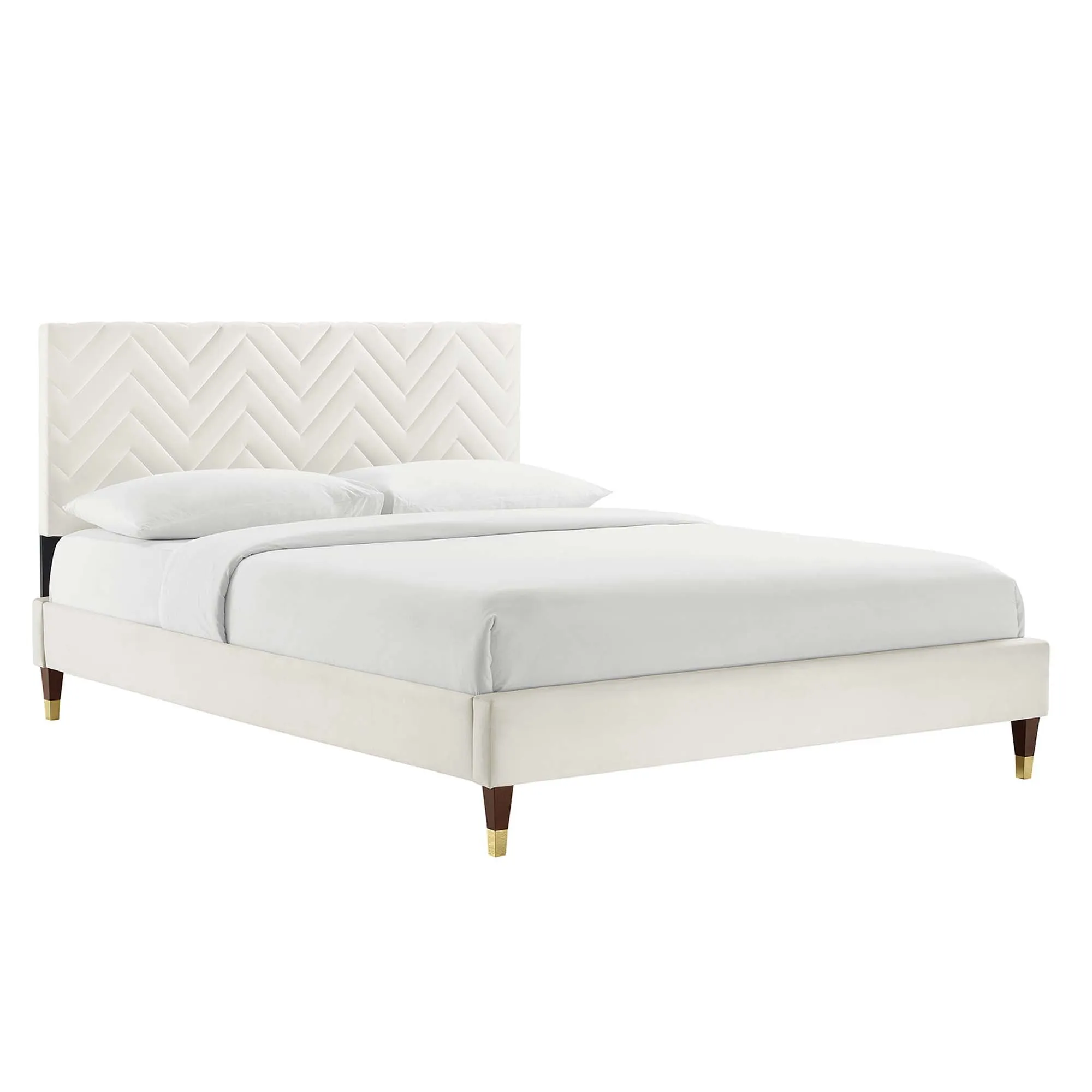 Leah Chevron Tufted Performance Velvet Platform Bed With Wood and Gold Legs by Modway