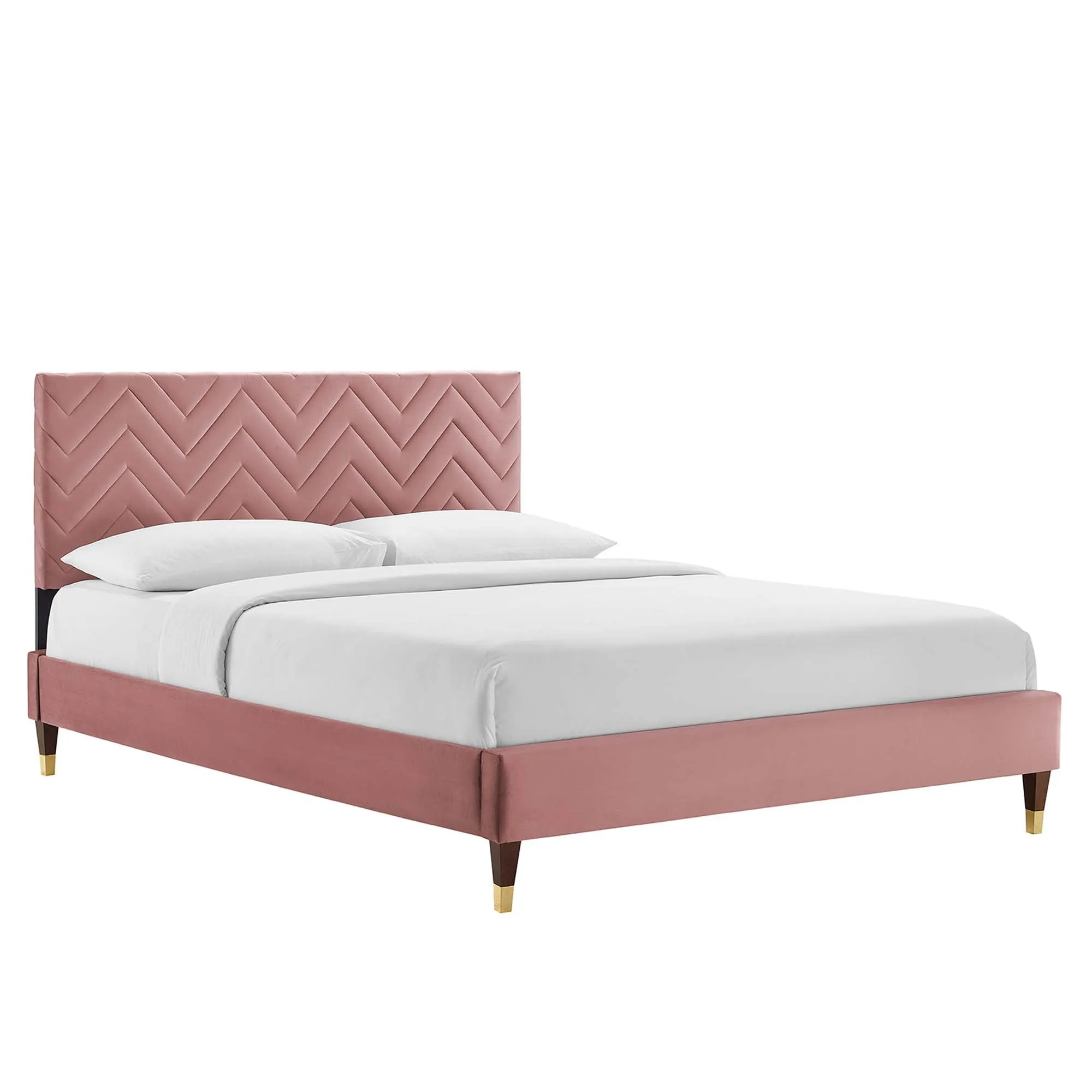 Leah Chevron Tufted Performance Velvet Platform Bed With Wood and Gold Legs by Modway