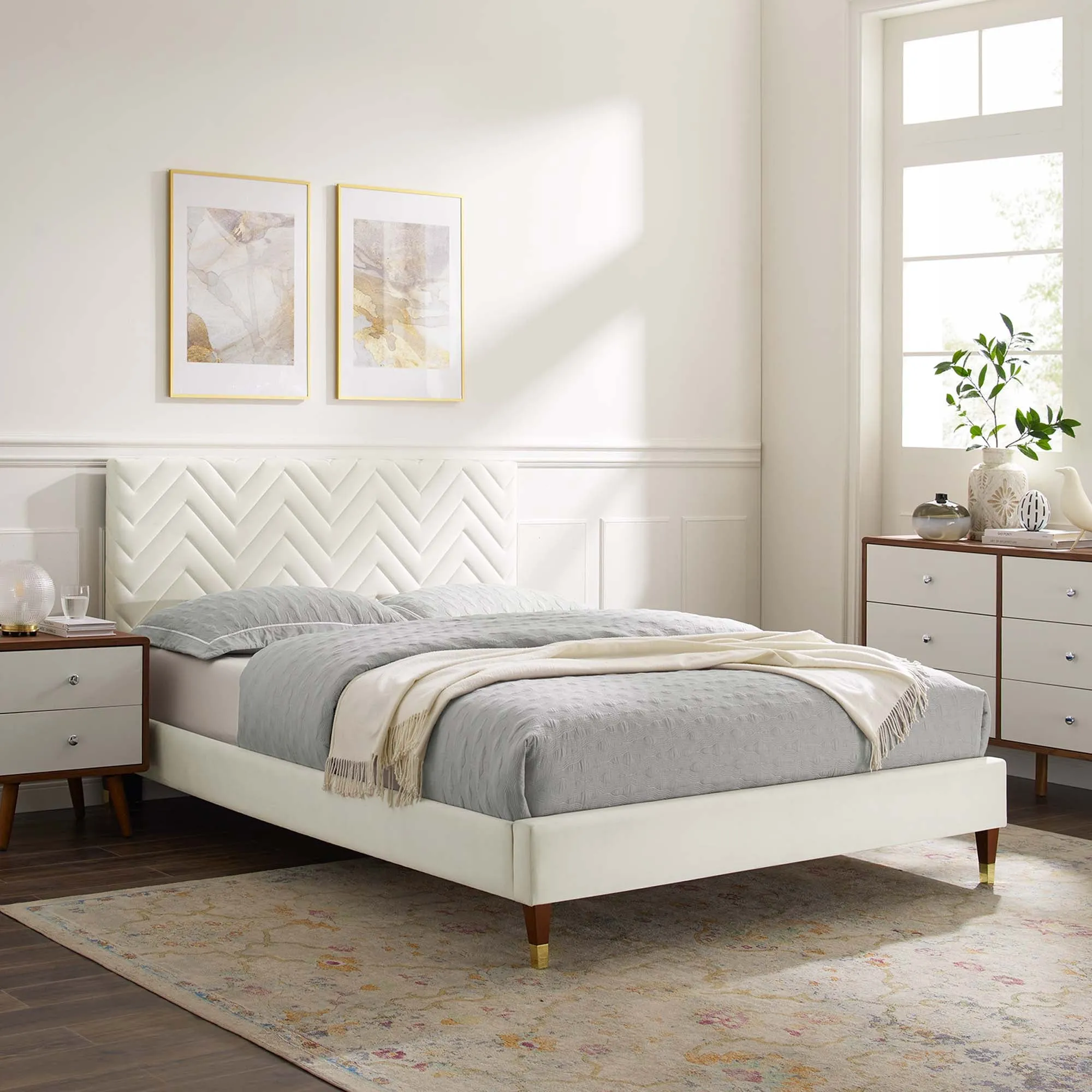 Leah Chevron Tufted Performance Velvet Platform Bed With Wood and Gold Legs by Modway