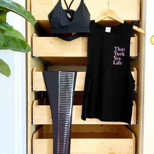 Tuck Yes Life - Black Muscle Tank with Purple Foil