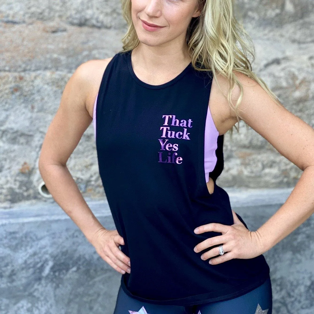 Tuck Yes Life - Black Muscle Tank with Purple Foil