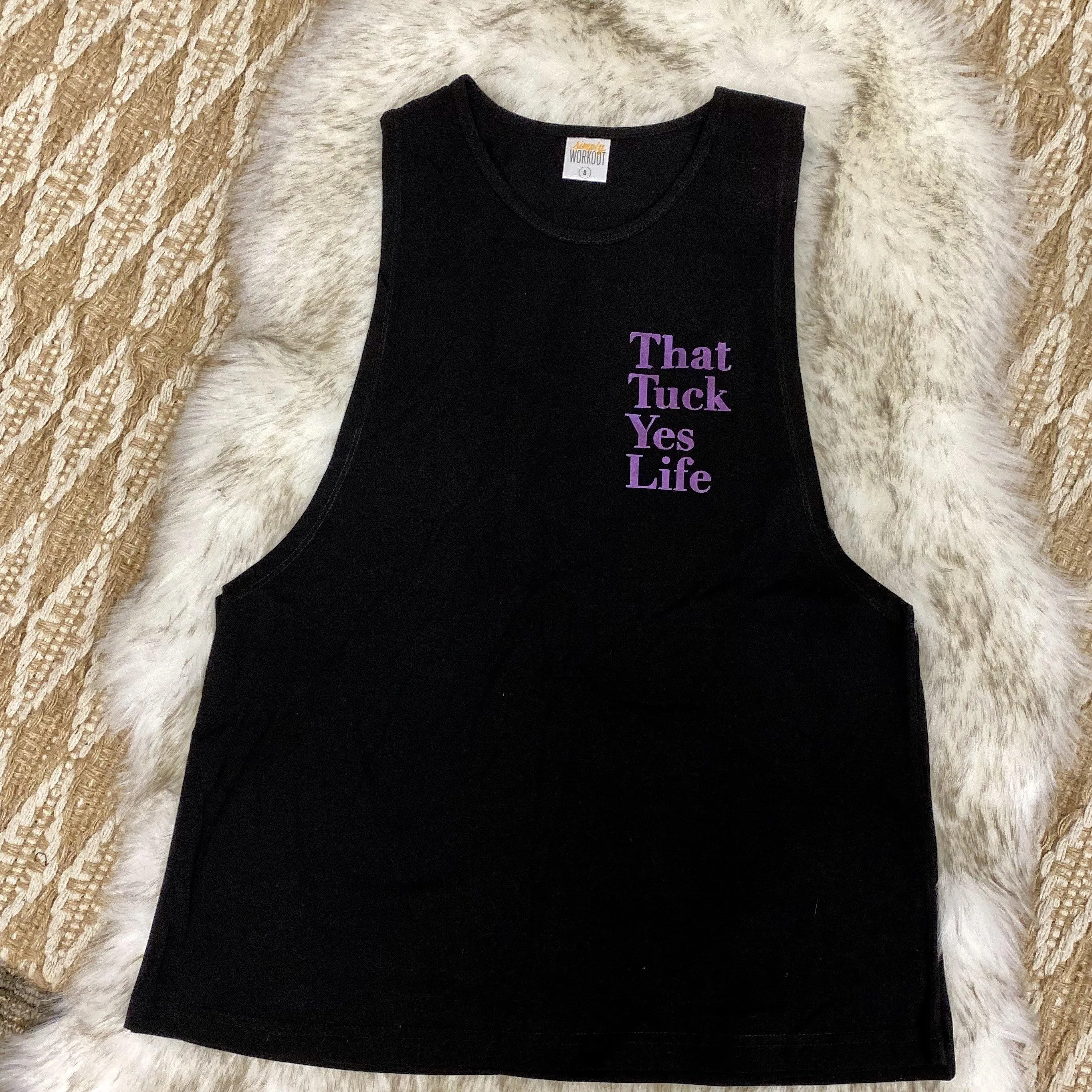 Tuck Yes Life - Black Muscle Tank with Purple Foil