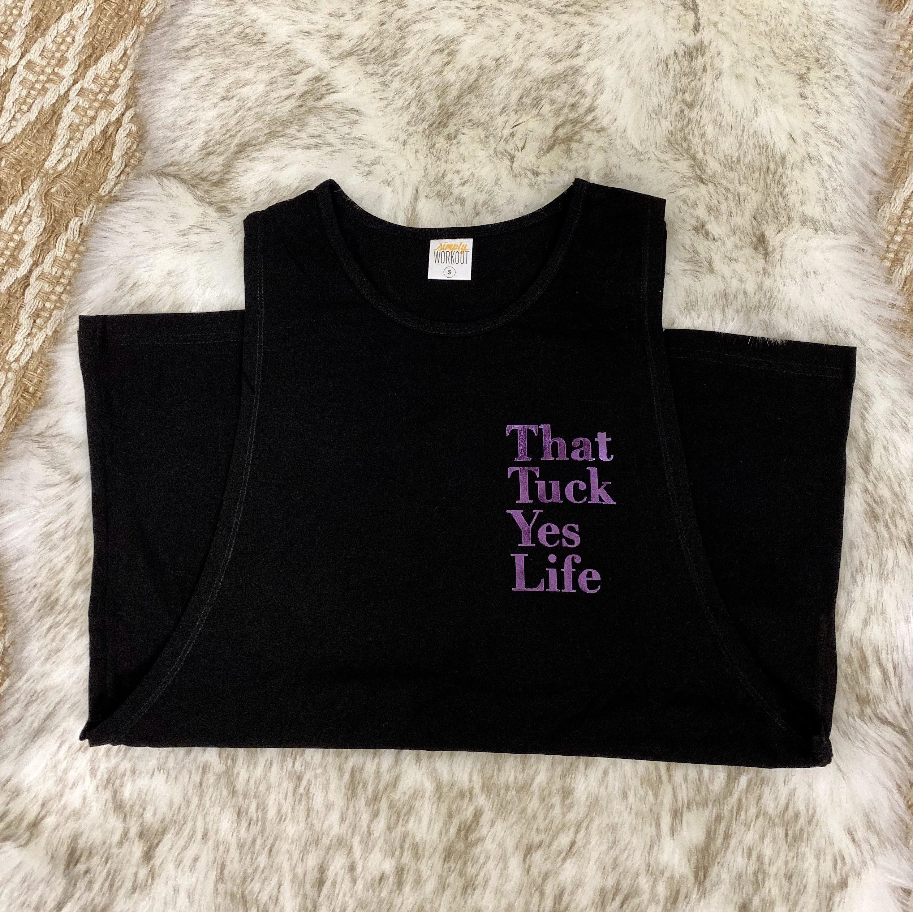 Tuck Yes Life - Black Muscle Tank with Purple Foil
